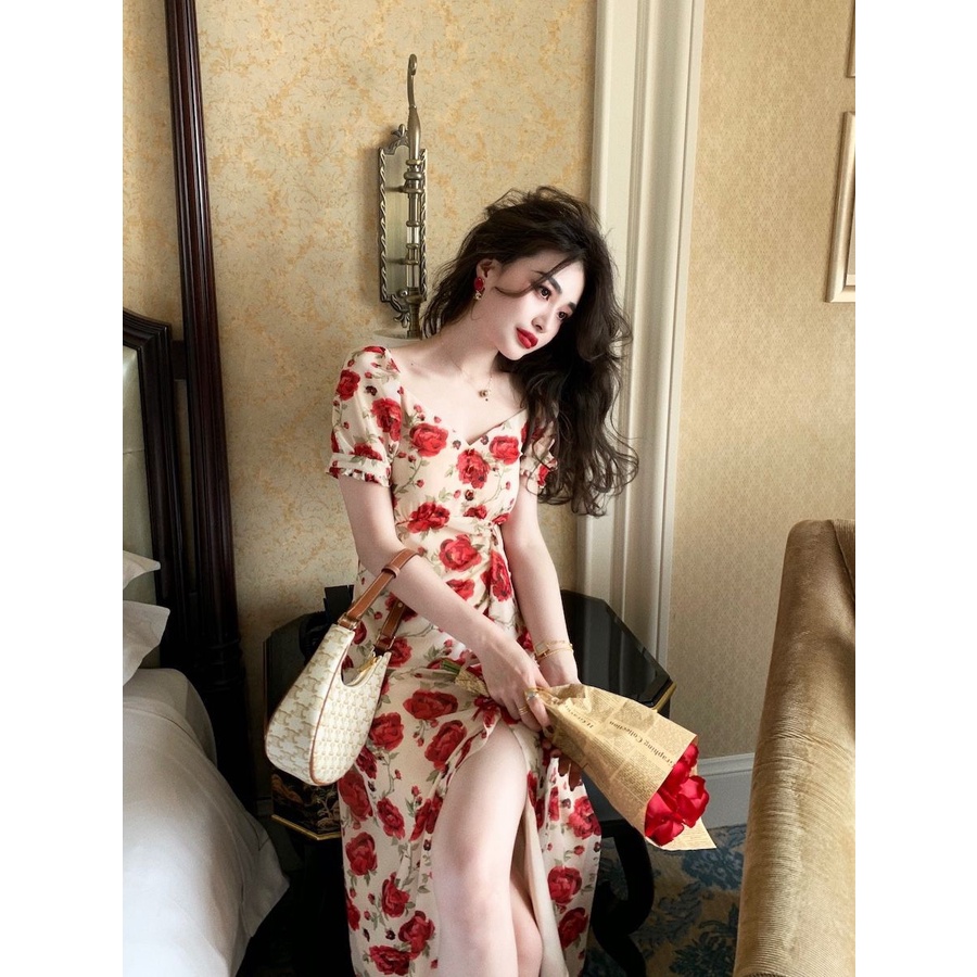 Đầm Ôm Eo Xẻ Tà In Họa Tiết Hoa Hồng Lãng Mạn Mùa Hè Mới 2021