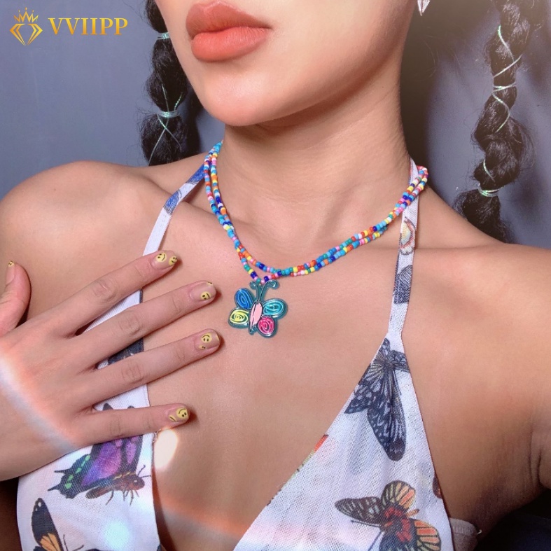 Vòng cổ đính hạt nhiều lớp gắn hình hoa bướm nhiều màu cho nữ
