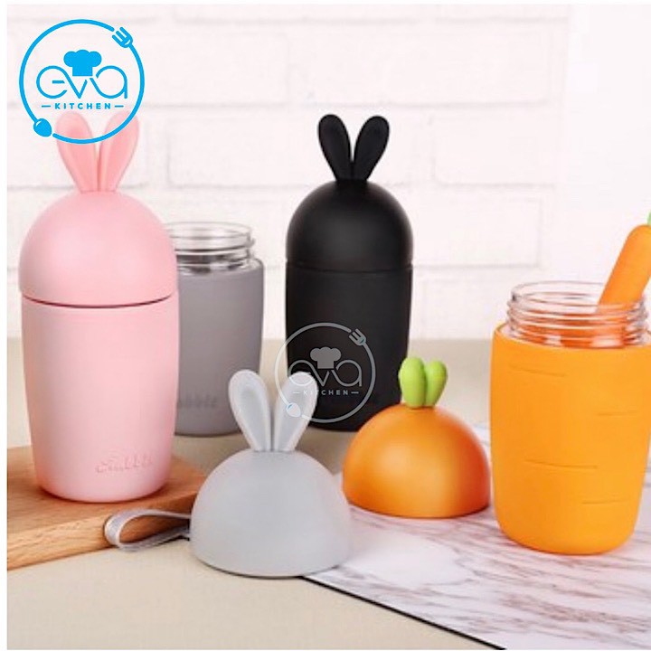 Bình Nước Thủy Tinh Bọc Silicone Hình Cà Rốt Và Tai Thỏ Cute Kèm Dây Xách 400ml