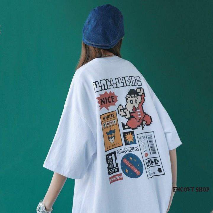 Áo Thun Tay Lỡ Dáng Rộng Unisex Form Rộng In Hình Ngộ Nghĩnh