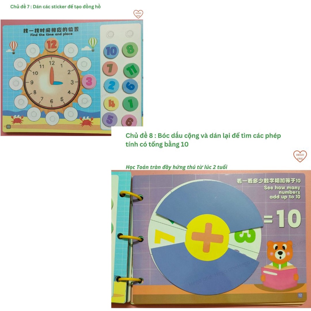 Học liệu toán học bóc dán Montessori , sách bóc dán xanh giúp bé học toán dễ dàng với các stiker dễ thương