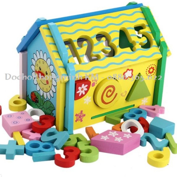 Đồ chơi ngôi nhà gỗ toán học thả hình lắp ráp đa năng màu xanh cho bé