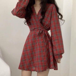 Đầm caro cổ đắp dây eo