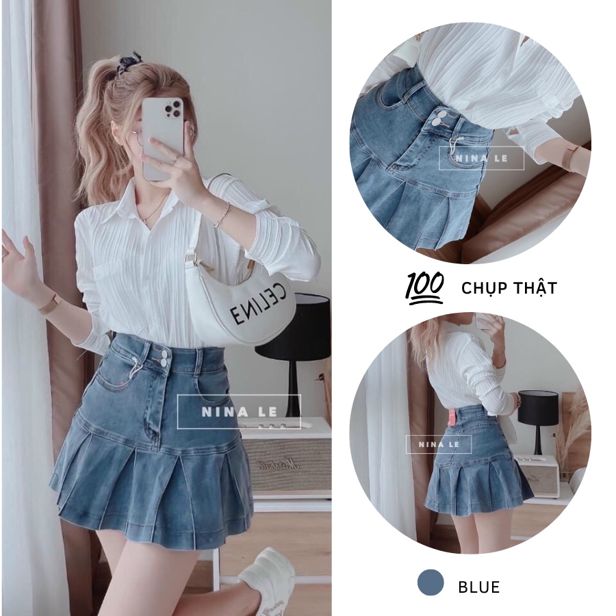 CHÂN VÁY NỮ JEANS GIÃN 2 NÚT XẾP LY DÁNG XÒE HÀNG VNXK, TÔN DÁNG DỄ THƯƠNG DỄ MIX best seller