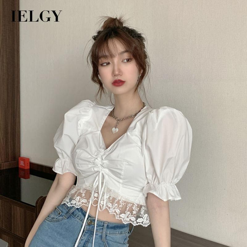 Áo kiểu IELGY cổ chữ V tay ngắn phối dây rút ren phong cách retro dành cho nữ