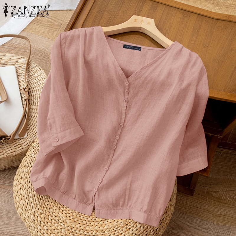 ZANZEA Áo Kiểu Tay Lửng Cài Nút Màu Trơn Phong Cách Cổ Điển Thời Trang Cho Nữ
