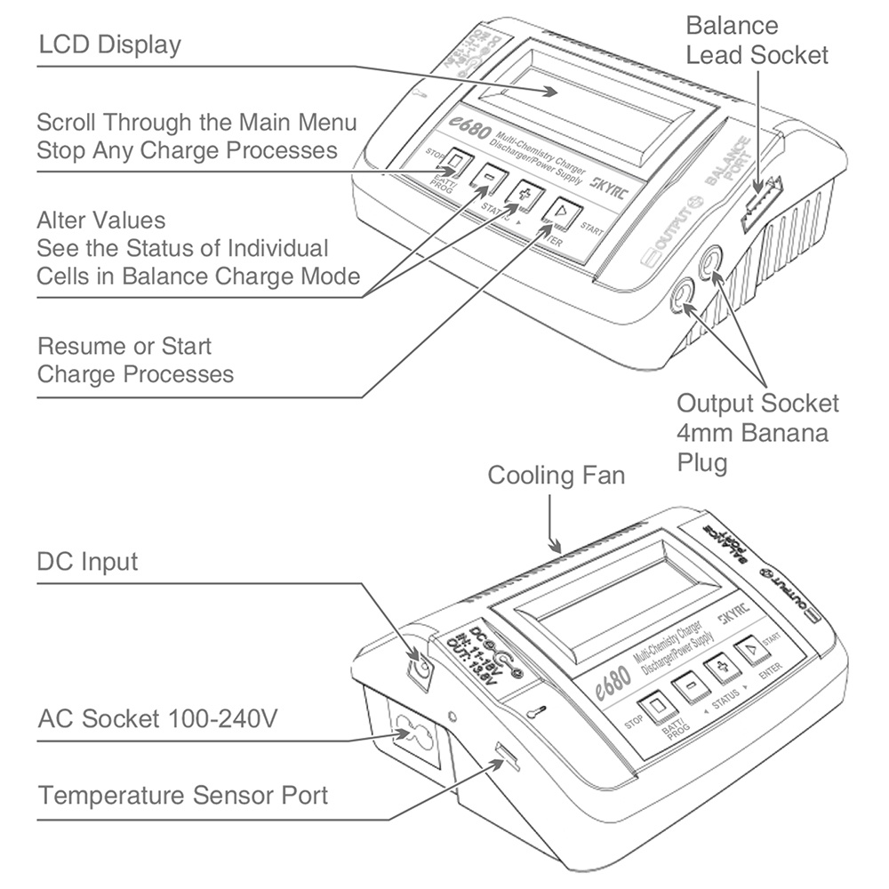 Bộ Sạc Cân Bằng SKYRC E680 80W AC/DC 13.8V DC Cho LiPo Li-ion LiFe NiCd NiMH PB LiHV / DJI Mavic