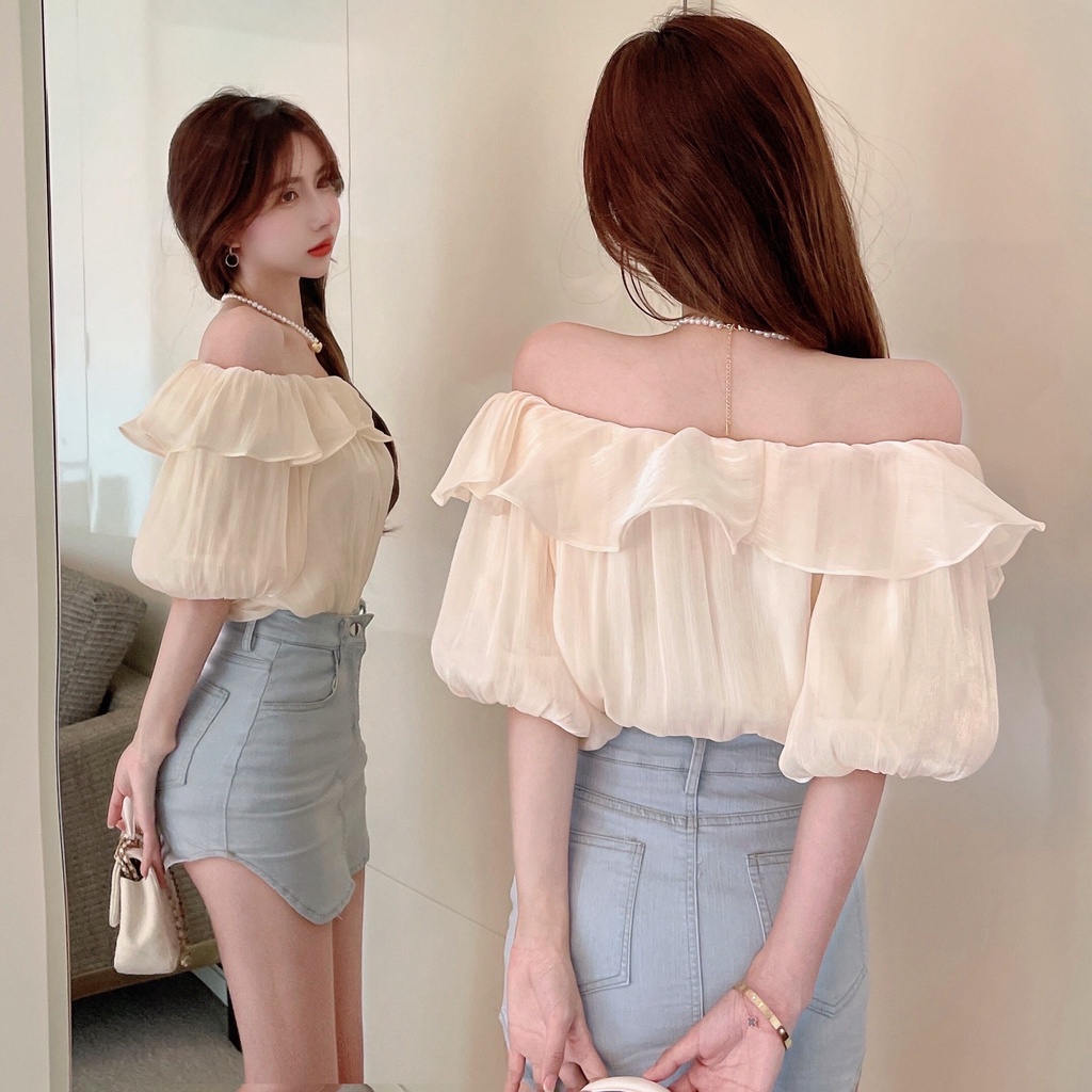 Áo chiffon Trễ Vai Tay Phồng Phong Cách Phương Tây