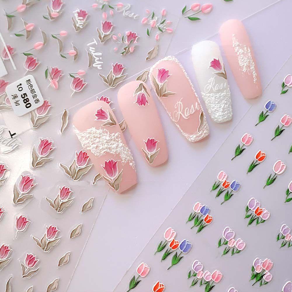 Miếng Dán Trang Trí Móng Tay Tự Dính Họa Tiết Hoa Tulip 5D Kiểu Nhật Bản Thời Trang Xuân Hè