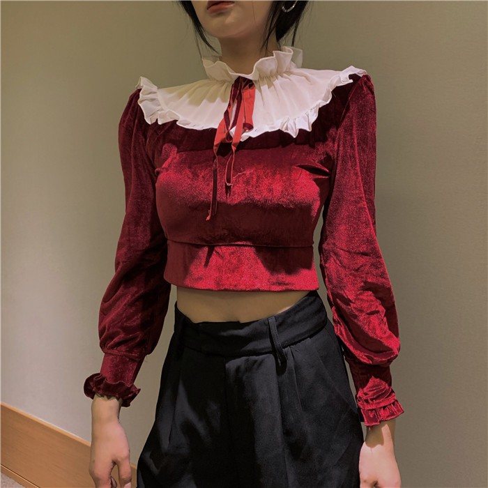 Áo croptop tay dài phối lưới voan vải nhung dây cổ bèo ulzzang ( 2 màu )