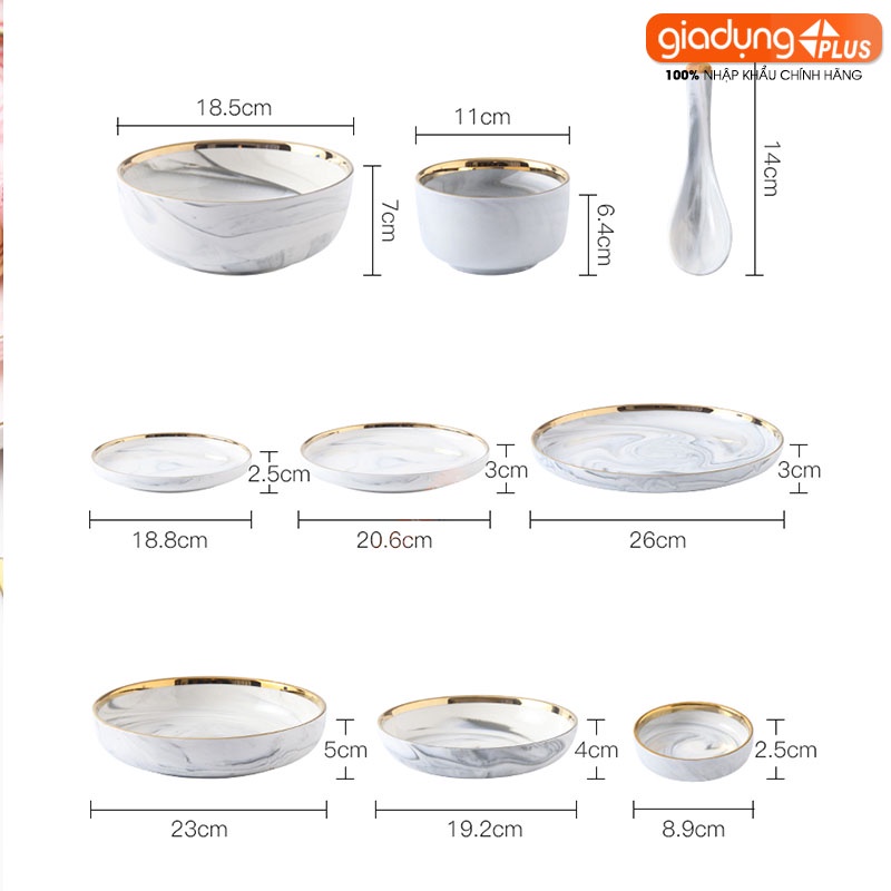 Chén chấm, chán ăn cơm, tô bát &amp; đĩa sứ màu trắng vân đá viền vàng sang trọng phong cách Bắc Âu