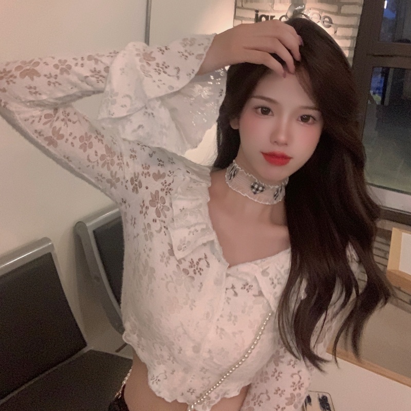 Áo kiểu tay dài cổ búp bê phối ren thời trang mùa thu