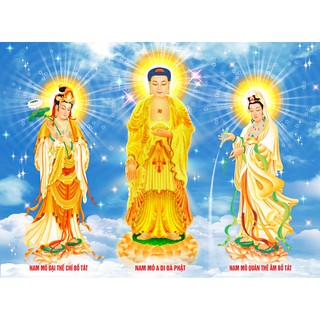 Tranh dán tường 3D Tam thánh - tranh phật -vải lụa kim tuyến