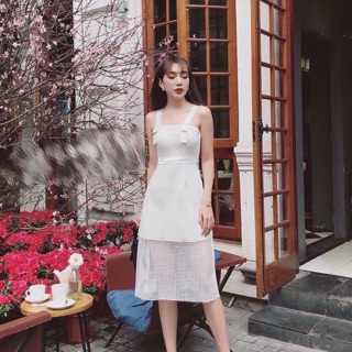 Rẻ nhất - đầm hai dây lưới ô - đầm trắng