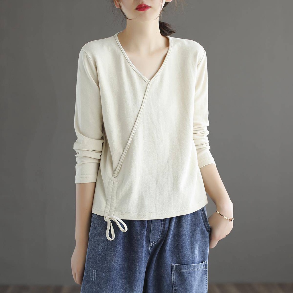 Áo Thun 100% Cotton Tay Dài Cổ Chữ V Màu Sắc Retro Dành Cho Nữ