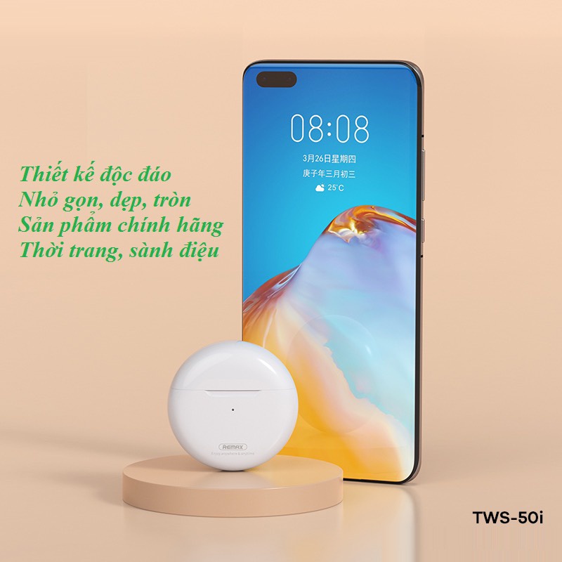 Tai Nghe Bluetooth TWS Remax TWS-50i V5.1 Thiết Kế Nhỏ Gọn, Thời Trang, Âm Thanh Sống Động, Độ Bền Cao. Bảo Hành 12 TH