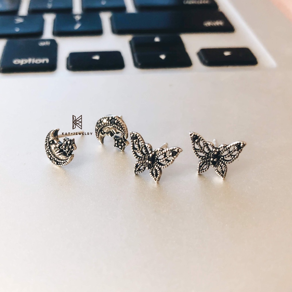 Bông Tai Bạc Nữ 925 - Hoạt Tiết Mặt Trăng Bình Yên -Oxidize Cá Tính-KaT Jewelry