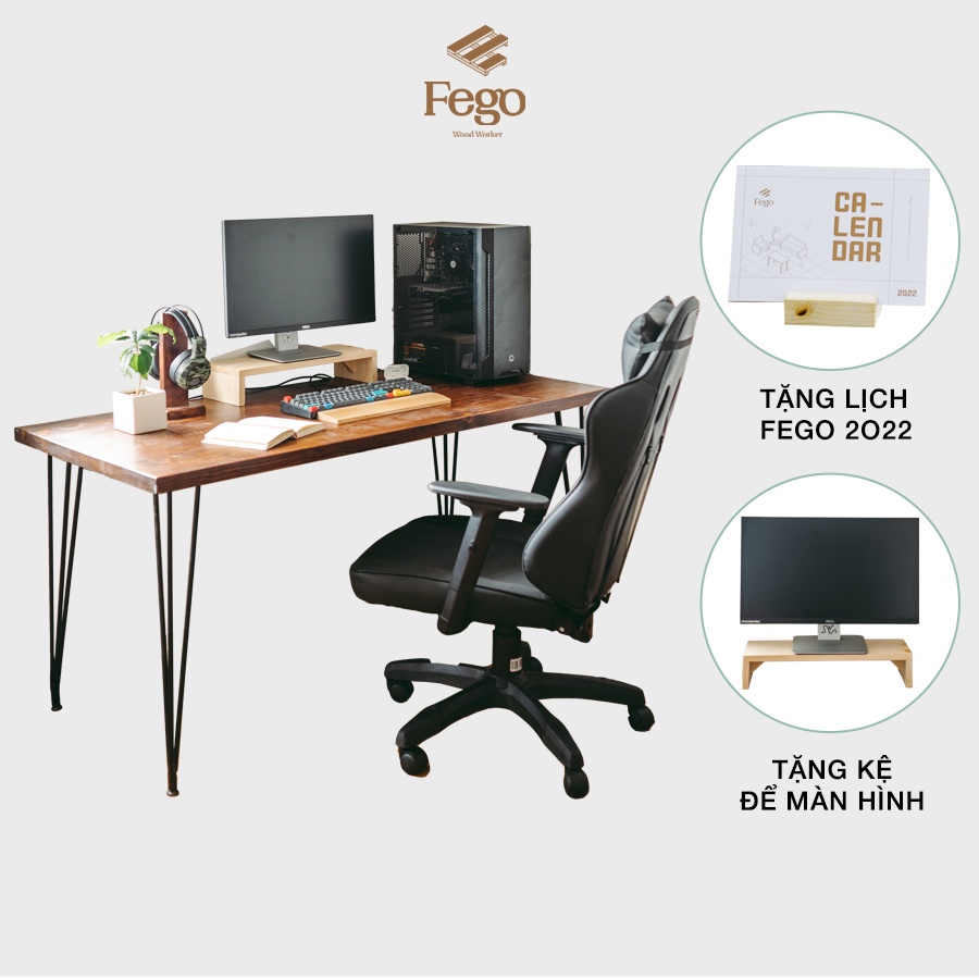 Bàn làm việc bằng gỗ tự nhiên nâu sẫm rustic FEGO nội thất phòng khách