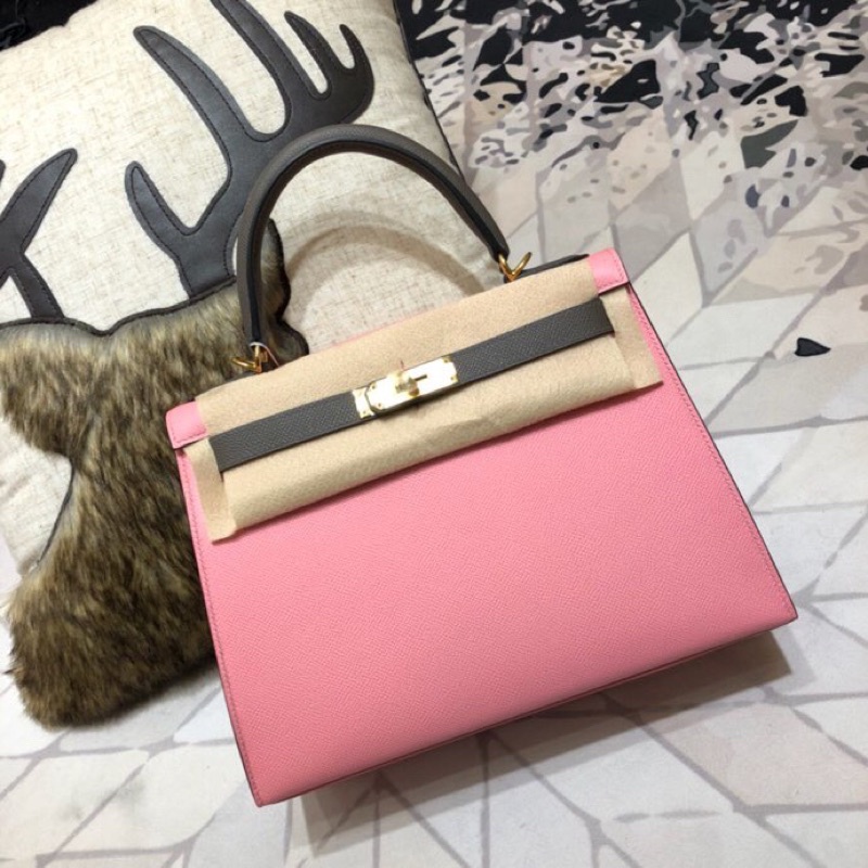 Túi xách nữ thương hiệu Hermes Kelly 25 da thật cao cấp màu hồng phối xám