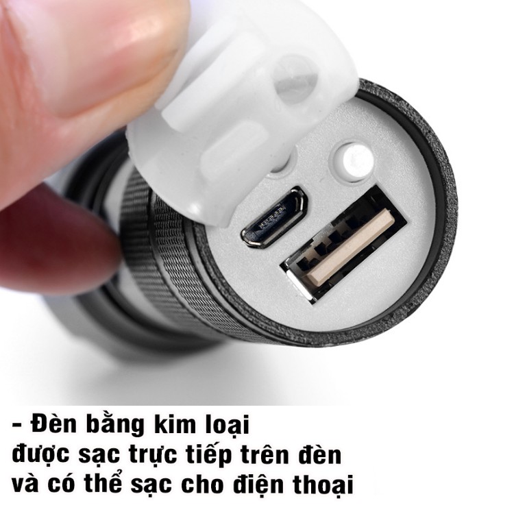 Đèn pin mini cầm tay kiêm sạc dự phòng cho điện thoại Model XML-T6 A100 đèn bằng kim loại kèm dây sạc