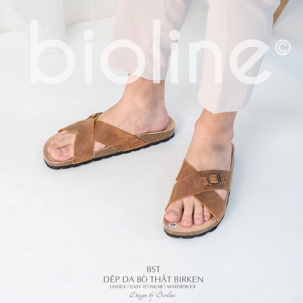 DK17-LÓT CHỐNG NƯỚC - Dép đế trấu BIRKEN da bò thật nam nữ unisex quai ngang đi trong nhà chính hãng BIOLINE OFFICIAL
