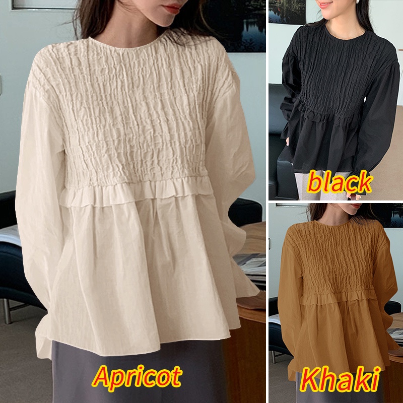 Áo kiểu Zanzea cổ tròn xếp ly đơn giản thanh lịch phong cách hàn quốc thích hợp cho nữ