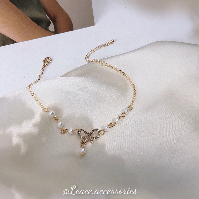 Vòng tay nữ, lắc tay nữ ngọc trai nhân tạo mặt nơ đính đá nữ tính BL019 Leace.accessories