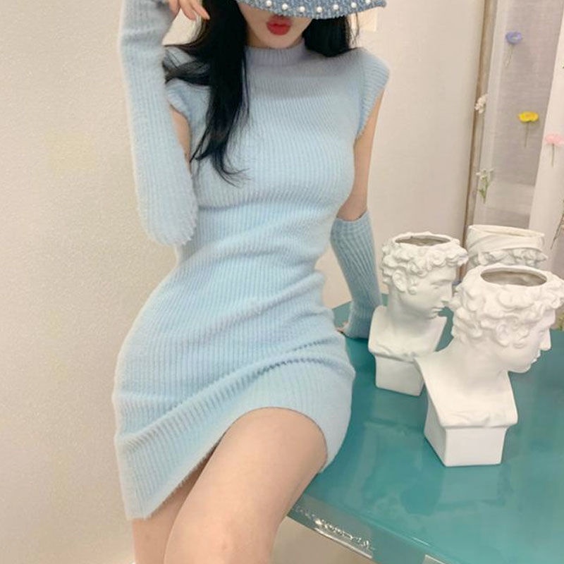 Váy Body Cổ Cao Phom Ngắn Cực Kì Quyến Rũ Phối Ống Tay Đi Kèm