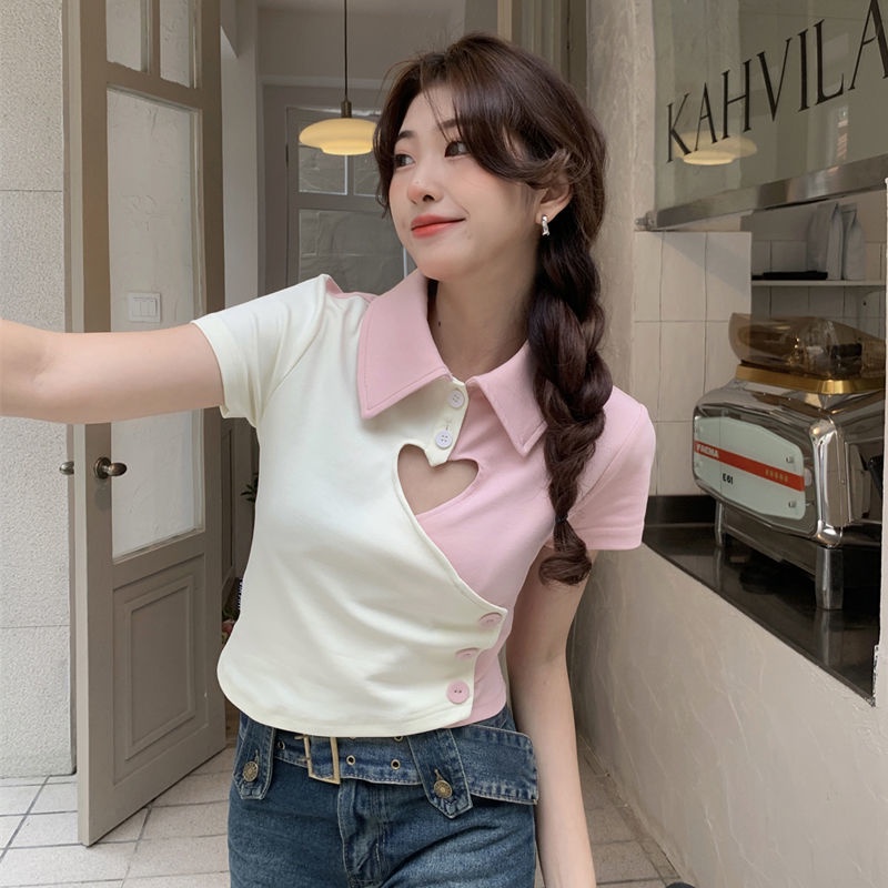 Áo Thun POLO Tay Ngắn Dáng Ôm Màu Sắc Tương Phản Phong Cách Hàn Quốc Thời Trang Xuân Hè Cho Nữ