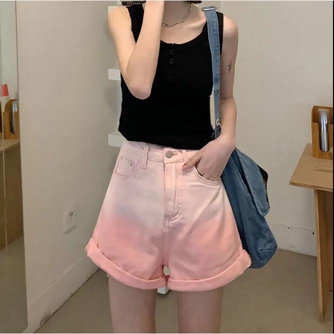 Quần Short Denim Màu Hồng Gradient Lưng Cao Dáng Ôm Dễ Phối Đồ Thời Trang Mùa Hè Mới Cho Nữ