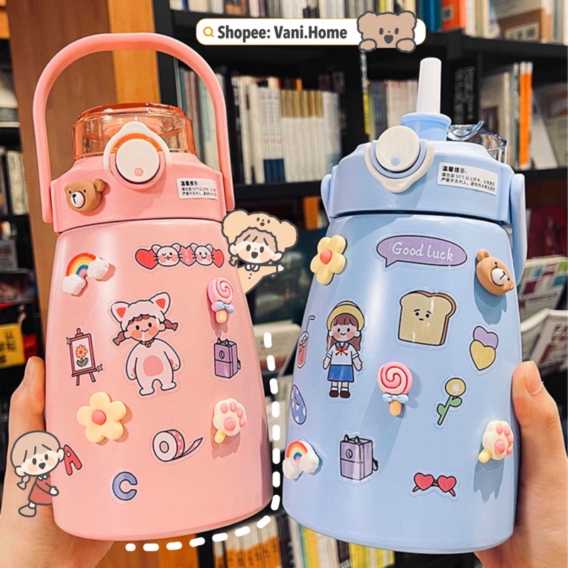 [LD Bình nước giữ nhiệt cute có sticker và ống hút kiểu dáng dễ thương -Bình giữ nhiệt sticker 900ml cho bé inox 304 xịn