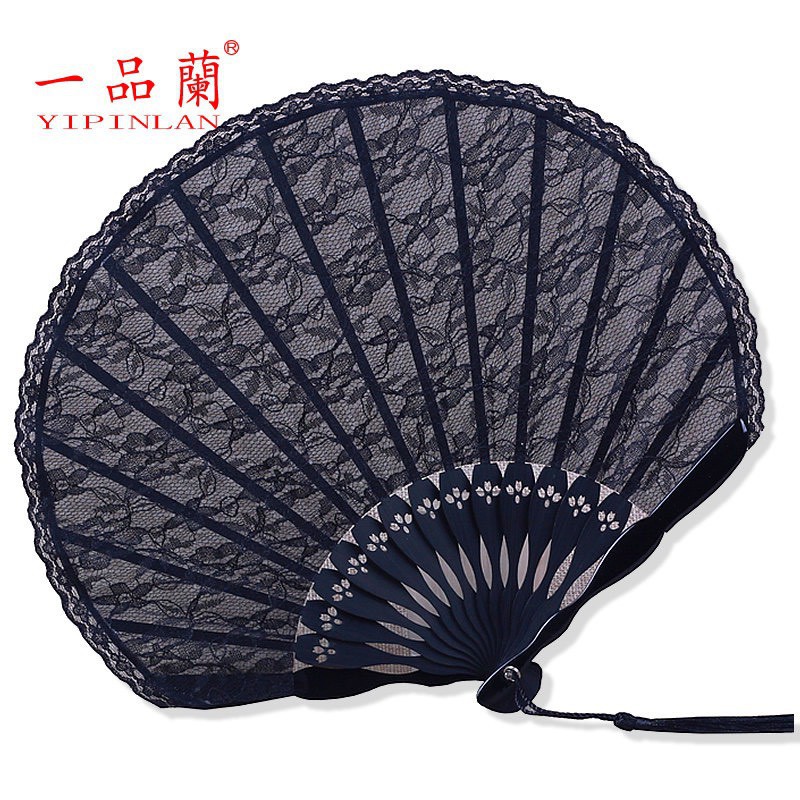 Quạt xếp vải  ren dáng tròn, sẵn có