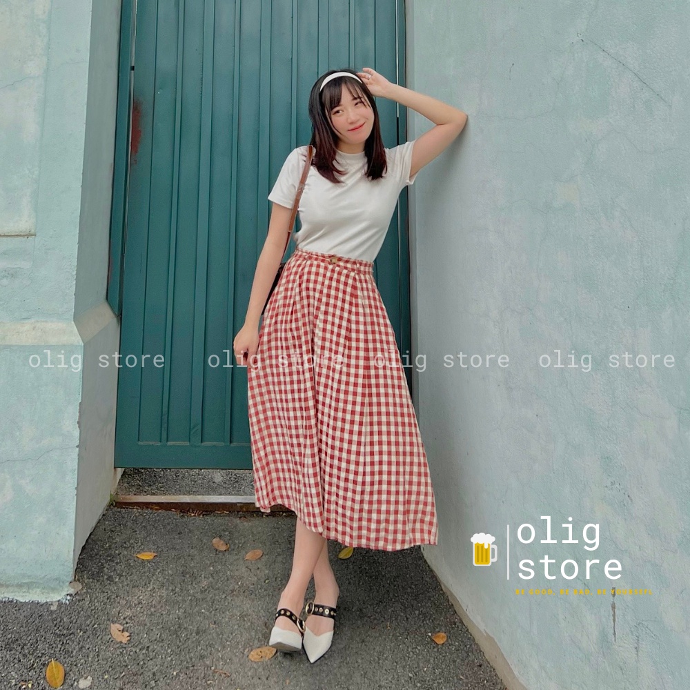 Chân Váy Dài Karo 2 Màu OLig Váy Midi Lưng Chun Phong Cách Ulzzang