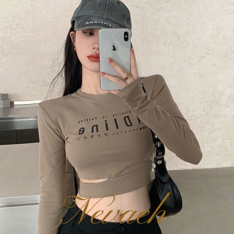 Áo Thun Tay Dài Dáng Ôm In Chữ Cái Thời Trang Cho Nữ