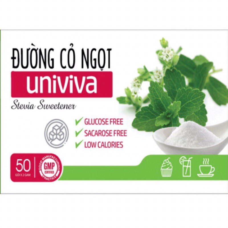 Đường cỏ ngọt Univiva hộp 50 gói hỗ trợ cho người ăn kiêng, tiểu đường, béo phì