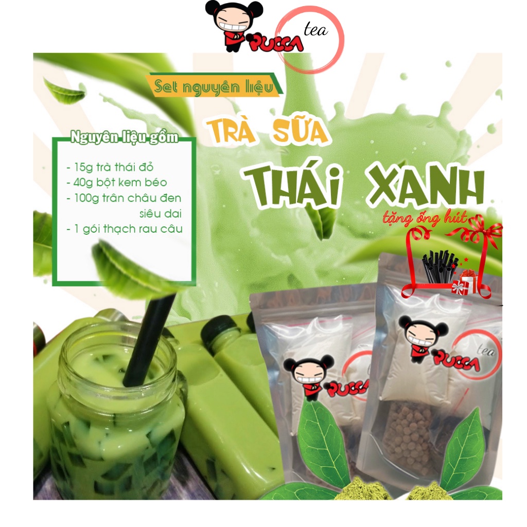 Set trà sữa thái xanh chuẩn vị PUCCA tự pha tại nhà combo 1,5 lít