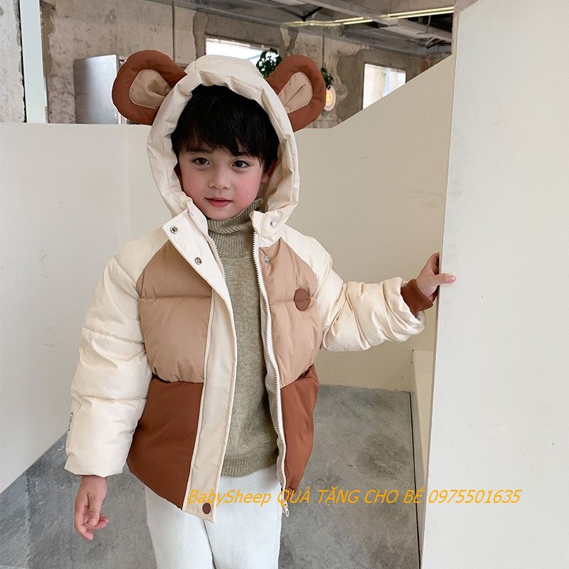 Áo khoác phao tai gấu ám áp cho bé trai bé gái