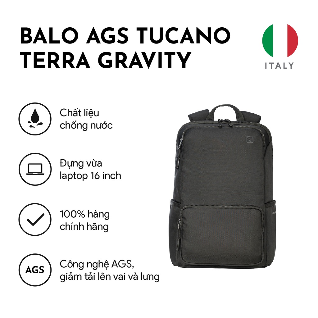 Balo Laptop/ Macbook AGS Tucano Terra Gravity cao cấp tốt cho sức khỏe 16 inch