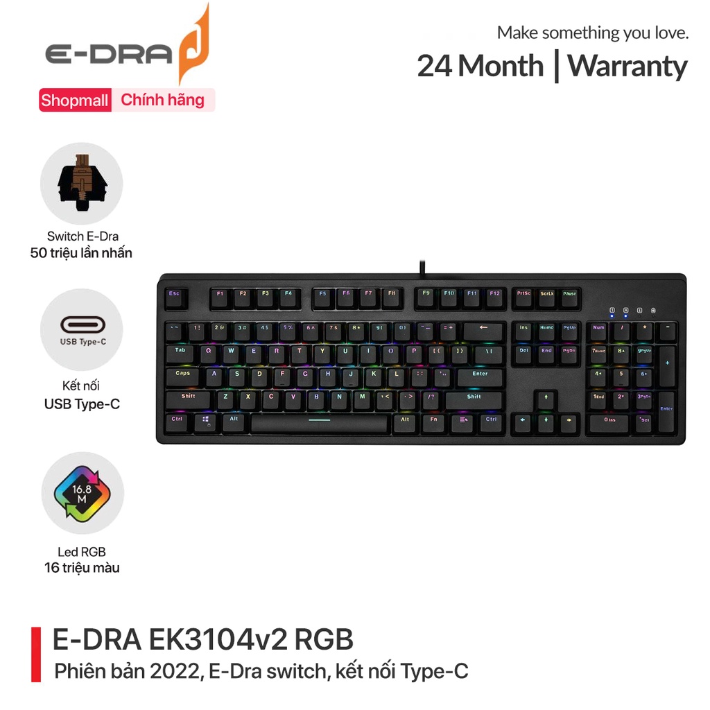 Bàn phím cơ chơi game có dây E-Dra EK3104V2 RGB - Bản 2022 - Led RGB- EDra switch - Cáp Type-C
