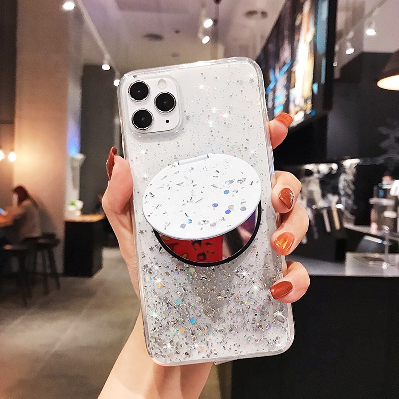 Ốp Điện Thoại Mềm Màu Trong Suốt Lấp Lánh Phối Gương Trang Điểm Có Nhẫn Đỡ Cho Samsung Galaxy A23 4G