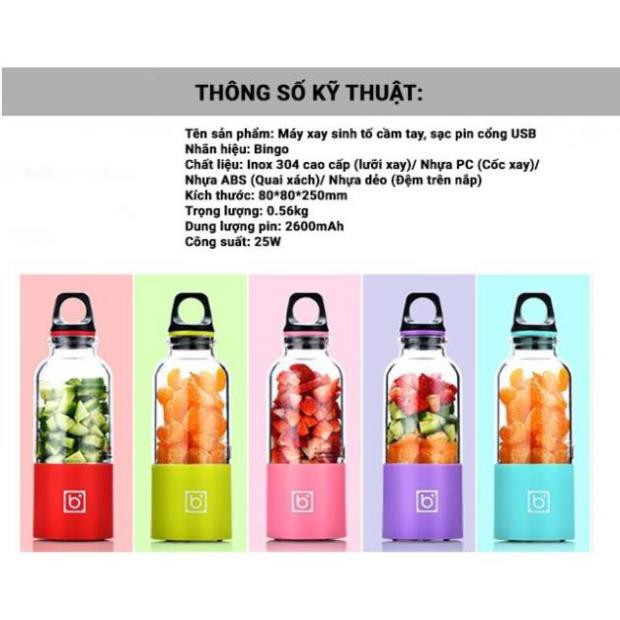 Máy Xay Sinh Tố Cầm Tay Mini Bingo - 4 Lưỡi Xay - Tiện Lợi - Cổng Sạc Usb Tiện Dụng