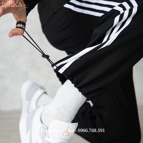Quần thể thao 3 sọc trắng có dây rút vải dày dáng quần Jogger thể thao ống rộng nữ cạp chun viền kẻ trắng đi học thể dục