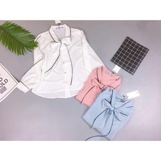 Sơ MI cổ buộc nơ viền đen