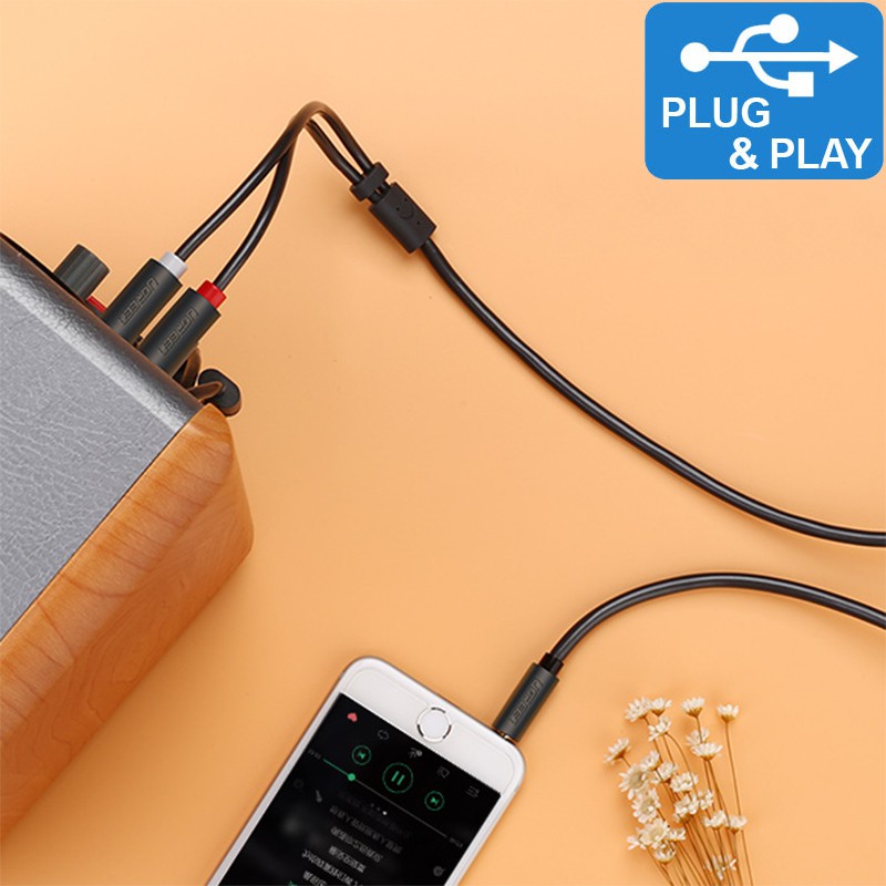 Dây cáp audio 3.5mm ra 2 đầu AV RCA bông sen OFC 4N gold 24K  0.5 mét đến 10 mét Ugreen AV102