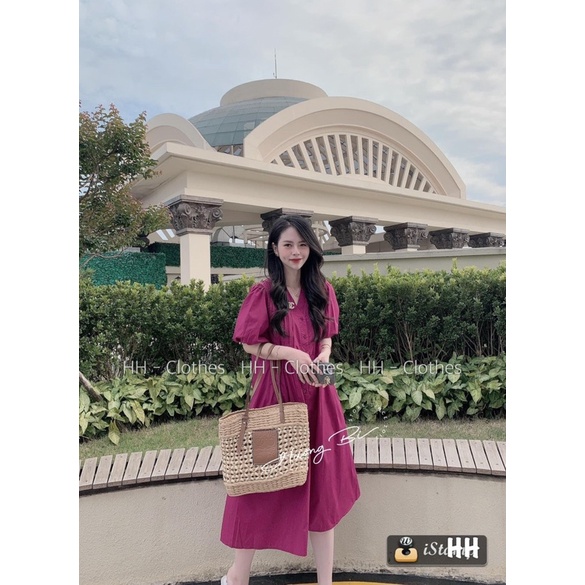 Đầm babydoll dáng dài xếp ly ngực tay phồng quảng châu