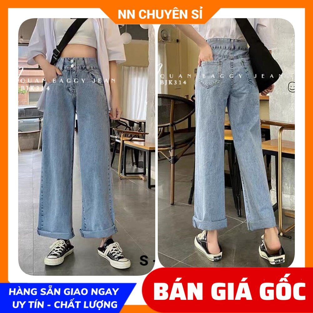 Quần baggy jean ống rộng suông cho nữ chất jean cao cấp lưng 2 nút dễ thương BJK314