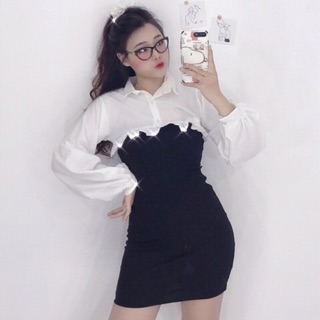 [ẢNH_THẬT_CUỐI] Áo crop voan sơ mi bèo mặc phối đầm
