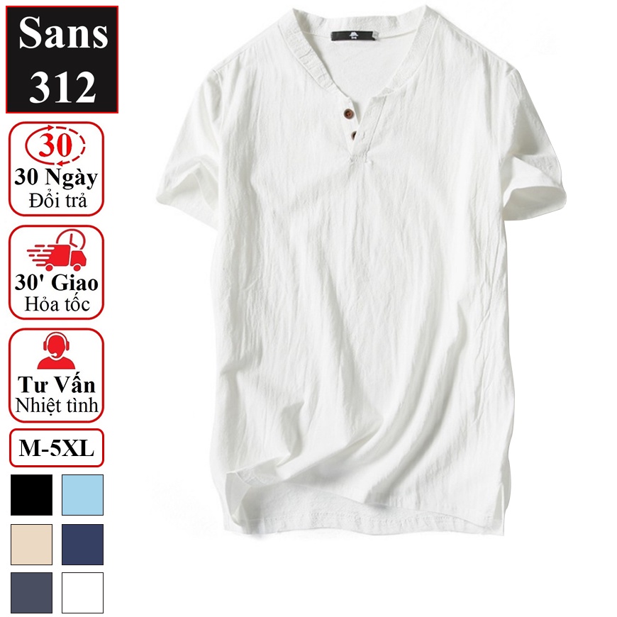 Áo thun nam đũi Sans312 chất cotton linen mát lạnh cộc tay cài nút cổ v trơn đẹp xịn mềm mịn big size 5XL 4XL 3XL