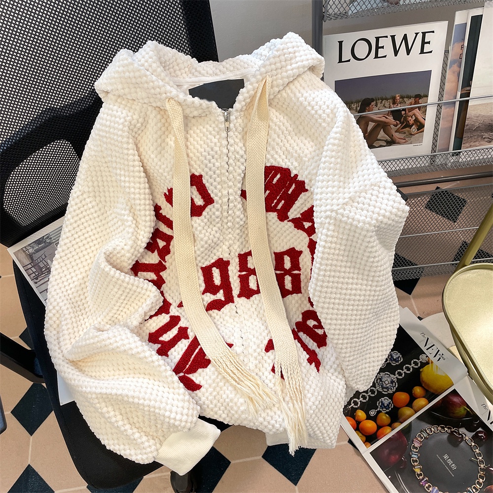 Áo hoodie ZHELIHANGFEI dáng rộng thêu chữ phong cách Mỹ thời trang