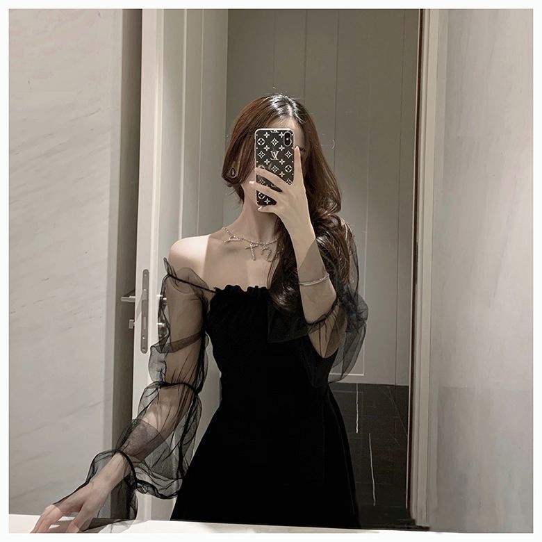 Beryl🌻Đầm🍄Váy tay phồng nữ mới Váy lưới trễ vai gợi cảm màu đen